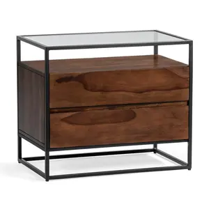 212 MAIN Bedford Night Stand - Light Brown Hardwood, Powder-Coated Steel Frame, Functional Storage Organizer Indoor Furniture