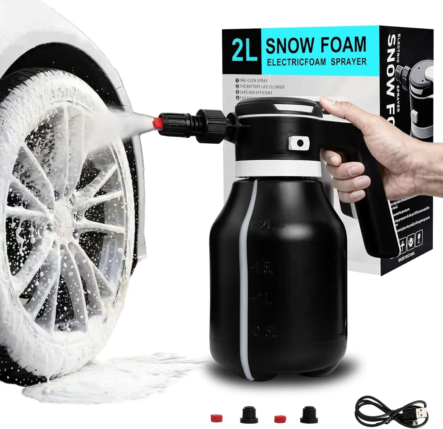 2L Cordless Portable Electric Foam Sprayer - Professional Pressurized Foam Cannon for Car Wash and Detailing - Produces Thick, Rich Foam - Rechargeable with Long-Lasting Battery - Black Finish