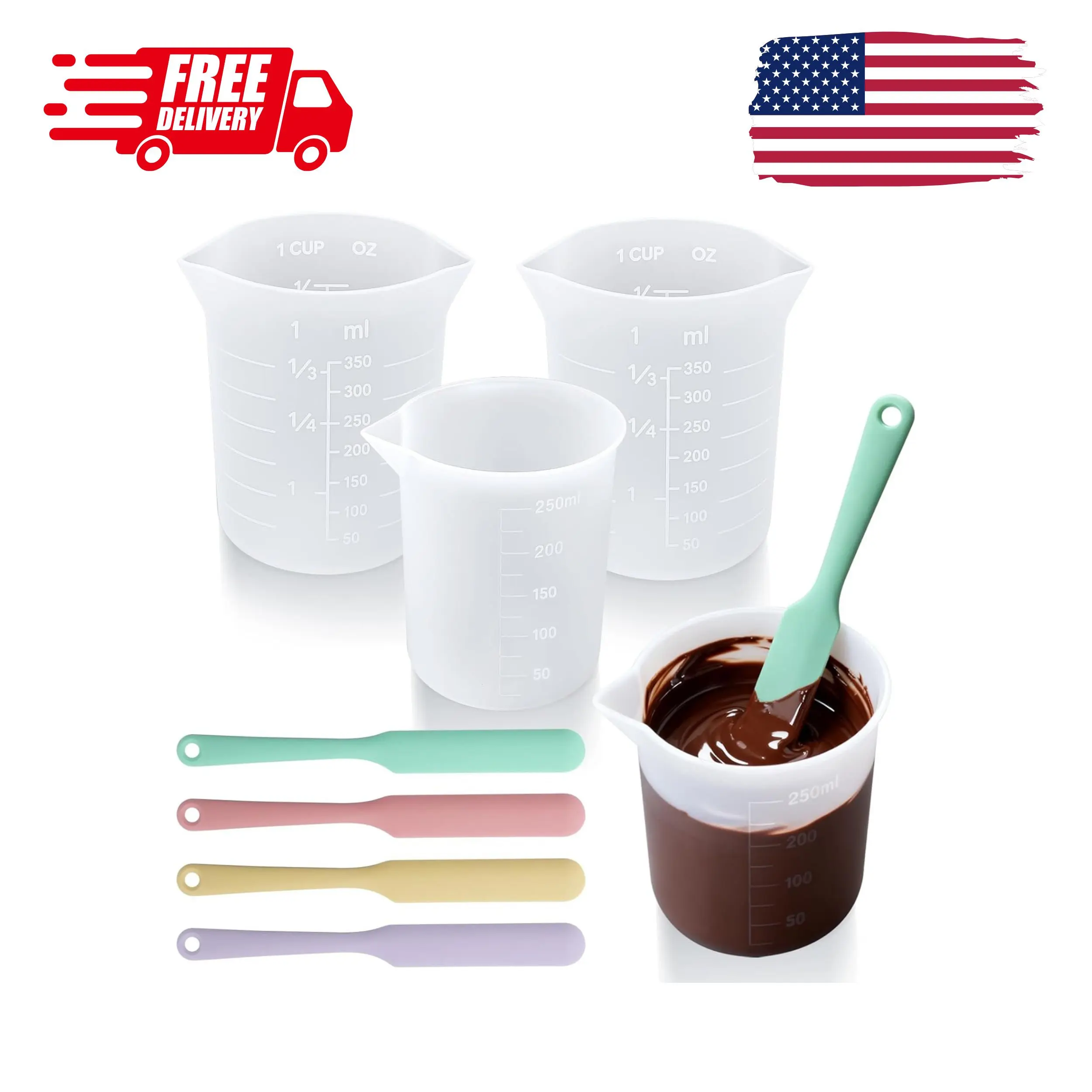 Silicone Chocolate Melting Cup Set with 4 Silicone Measuring Cups (250ml & 350ml) and 4PCS Heat