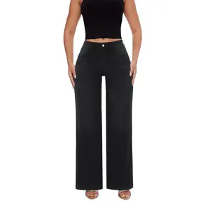 ONESO Stretchy BBL Wide-Leg Jeans for Women | Washed Black Mid-Low Rise Denim | Snatched Waist, Minimalist Everyday Pants