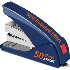 Desk Stapler, 50 Sheet Capacity, Low Force, Built-in Staple Remover, One Finger Touch Stapling, Portable & Space-saving Size, for Home & Office, Blue