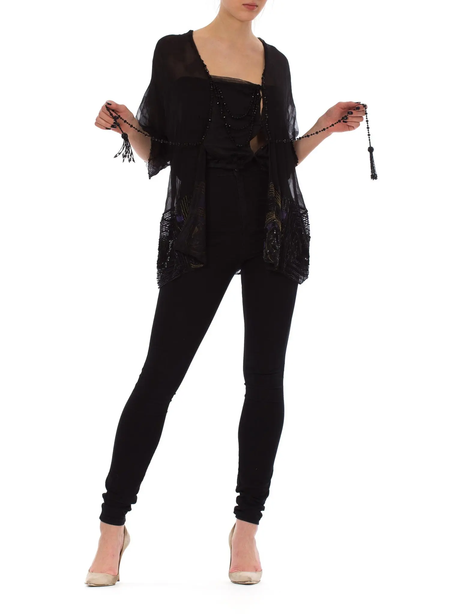 Edwardian Black Silk Chiffon Kimono Sleeve Blouse With Asian Floral Pattern, Metallic Lace & Beaded Tassels