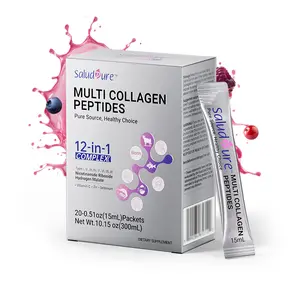 SaludPure Multi Collagen Peptide Drink - 12-in-1 Protein Peptides with Hyaluronic Acid Biotin & Vitamin C Berry Flavor Supplement for Health Beauty 20 Pack Ready-to-Drink Packets