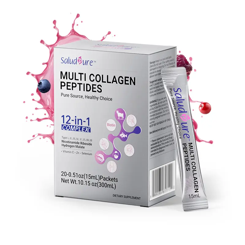 SaludPure Multi 5000mg Collagen Peptide Drink - 12-in-1 Protein Peptides with Hyaluronic Acid Biotin & Vitamin C Berry Flavor Supplement for Health Beauty 20 Pack Ready-to-Drink Packets