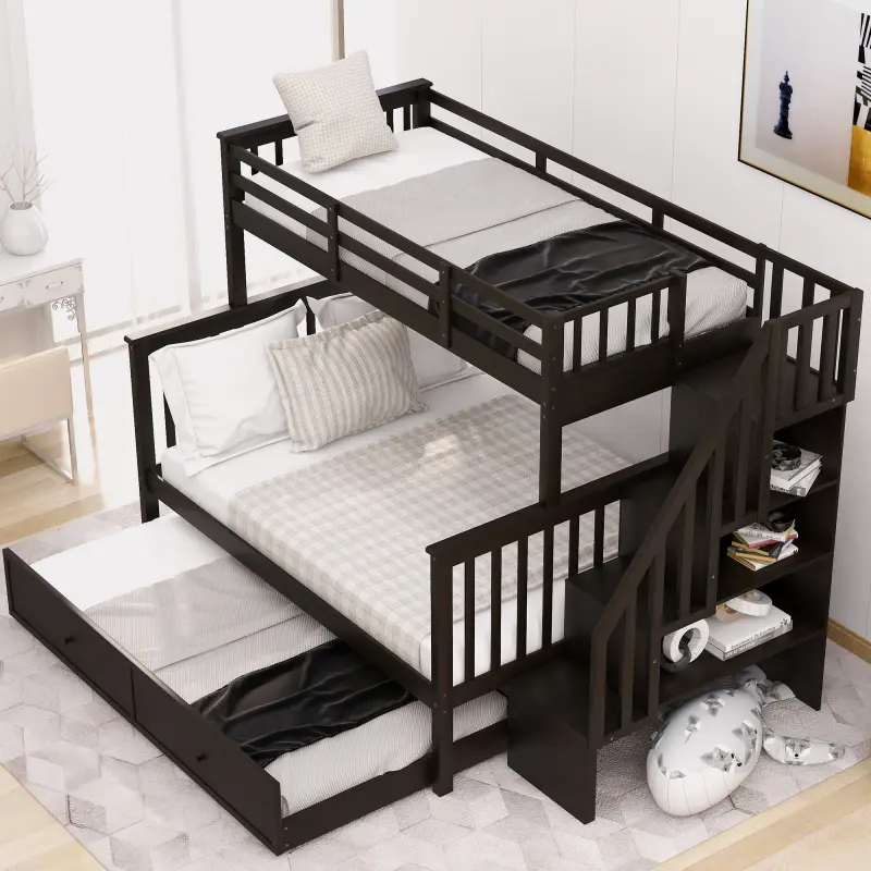 Twin Over Full Bunk Bed with Trundle, Wooden Stairway Bunk Bed with Storage and Guard Rail for Teen Adults