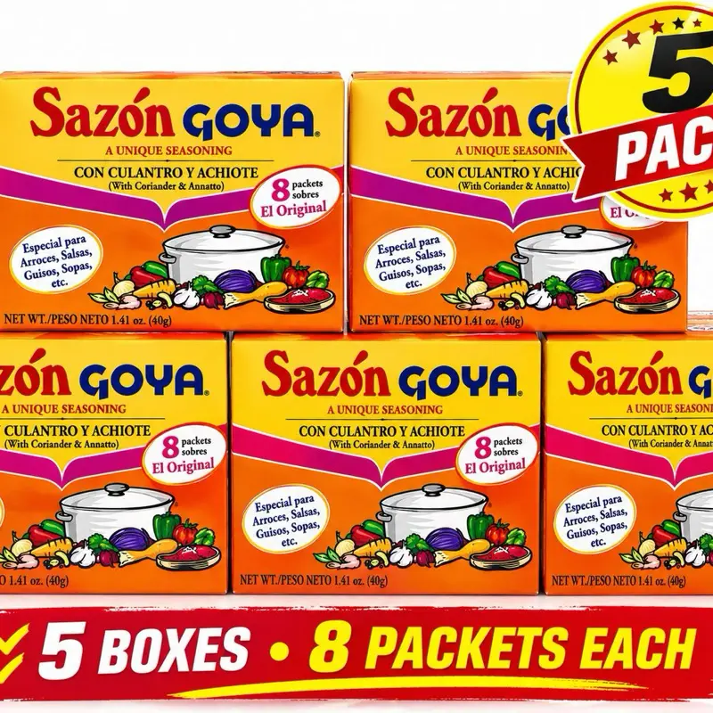 Goya Sazón Seasoning with Coriander & Annatto (Culantro y Achiote) 5 pack Bundle of 8 Packets | Authentic Latin All-Purpose Seasoning