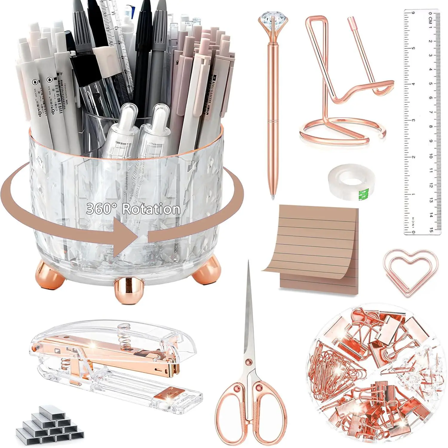 Rose Multifunctional Stationery Set - 360-Degree Spinning Pen Holder, Stapler, Phone Holder, Ballpoint Pen, Scissors, Binder Clips, Ruler, Transparent Glue, Sticky Notes, Staples - Desk Organize Work Accessories for Study Desk, Surprise Gifts