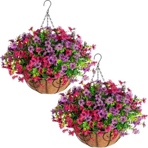 Artificial Outdoor Flowers in 2pc Hanging Baskets, Fake Silk Anti-UV Decorations for Courtyard, Low Maintenance, Realistic Daisy Eucalyptus Plants for Porch Garden