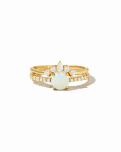 Sami Jewels Opal Ring with Matching Band, Sold as Set, 925 Sterling Silver plated 14k Gold or Rhodium, Sizes 4-10, Lab Created Opal Stone