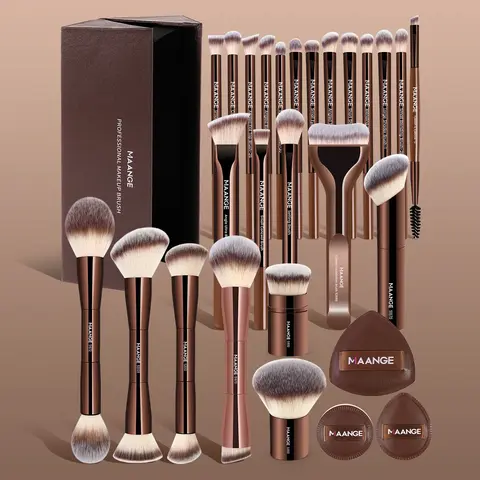 MAANGE 28-Piece Makeup Brush Set, Beauty Brush Kit with 24 Brushes + 3 Powder Puffs + Storage Box, Foundation Brush, Blush Brush, Eyeshadow Brush & Spoolie (Mascara) Brush, Makeup Tool Set