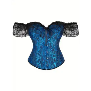 2025 new Women'S Jacquard Lace Stitching Off Shoulder Lace Up Tummy Control Bustier Top Plus Size Court Style Corset HOT