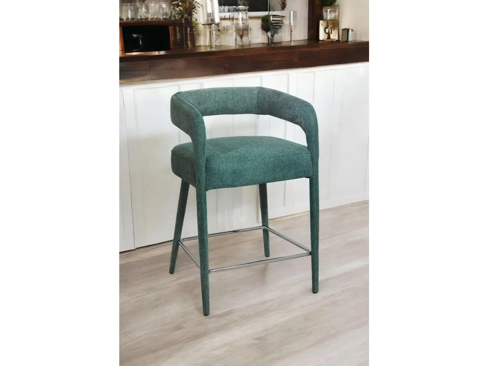 212 MAIN 25 in. Teal Blue Modern Metal Frame Upholstered Bar Stool - Fabric Low Back Counter Height Chair with Arms, Footrest, Stationary Seat, Upholstered Bar Stools
