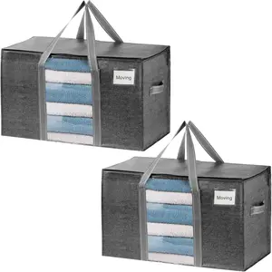 2 Pack Moving Bags with Clear Window, Heavy Duty Storage Bins with Lid, Around Handles, Tag, Zippers, Extra Large Totes Packing Moving Boxes Supplies for College Dorm Clothes (Dark Gray)