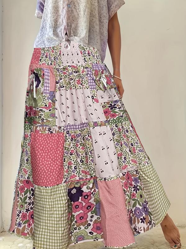 Plus Size Colorblock Print Pocket Skirt, Casual Waist Tie Long Half Skirt, Comfortable and Stylish Women's Fashion