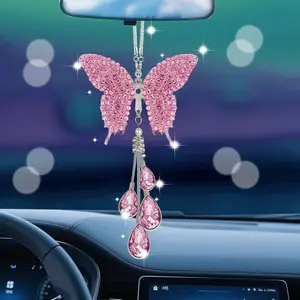 [Summervibes]Glam Butterfly Crystal Car Mirror Pendant with Pearl & Tassel – 29cm Adjustable Chain, Pink | Elegant Hanging Car Mirror Charm Auto Accessory for Rearview Mirror, Room Decor, Bag Charm & Interior Styling,Independence Day Gift