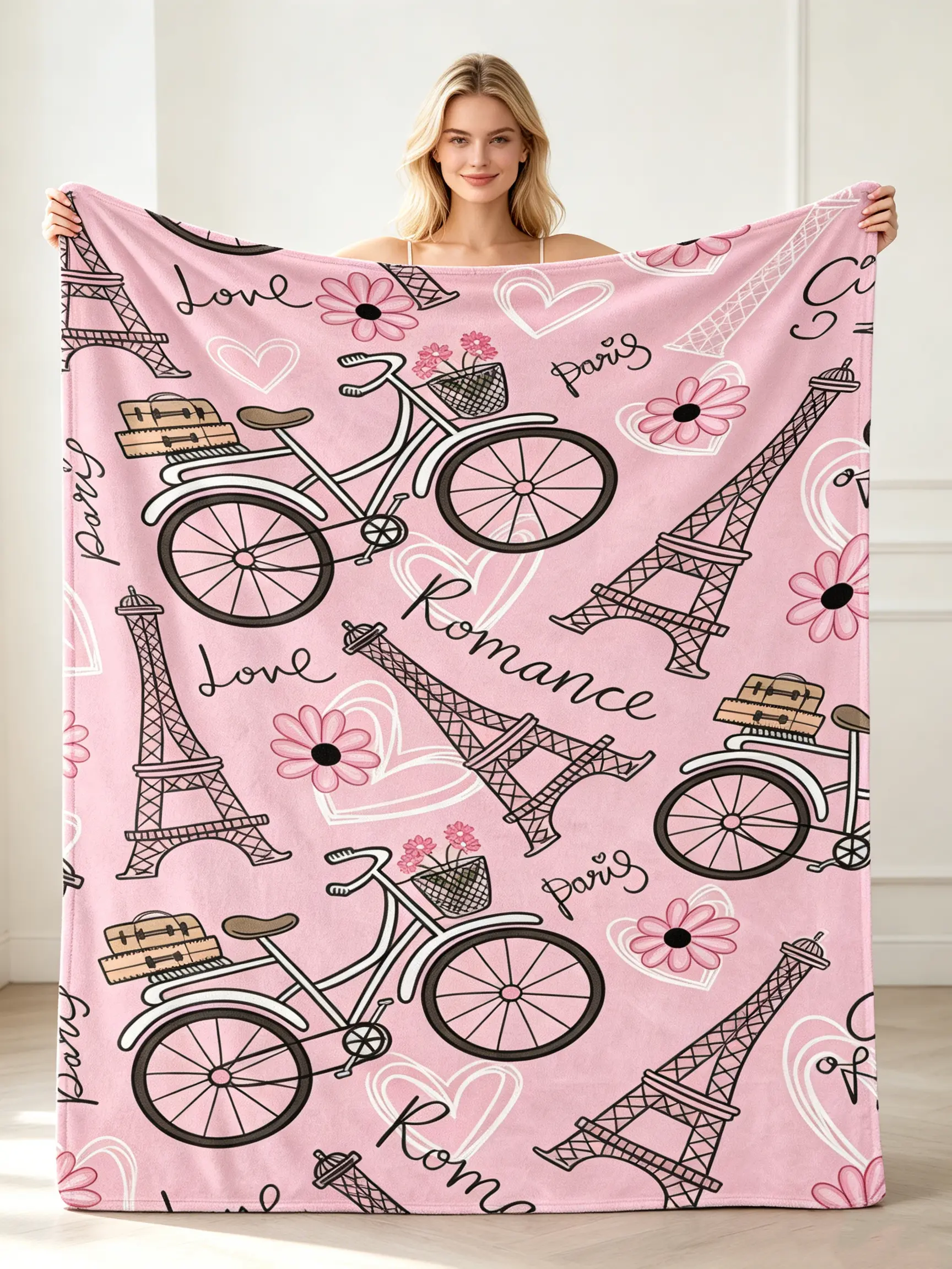 Pink Paris Eiffel Tower Bike Romance Doodle Throw Blanket | Floral Heart Vintage French Decor for Coquette Bedrooms & Romantic Reading Nooks | Sweet Travel-Themed Gift for Paris Lovers & Pastel Aesthetic Fans