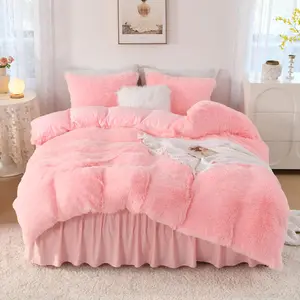 Pink Comforter King Size, Luxury Shaggy Faux Fur Bedding Cute for Girls, Soft Velvet Plush Bed Set King 3 Pieces(1 Fuzzy Comforter 104*90 Inch, 2 Pillowcases)