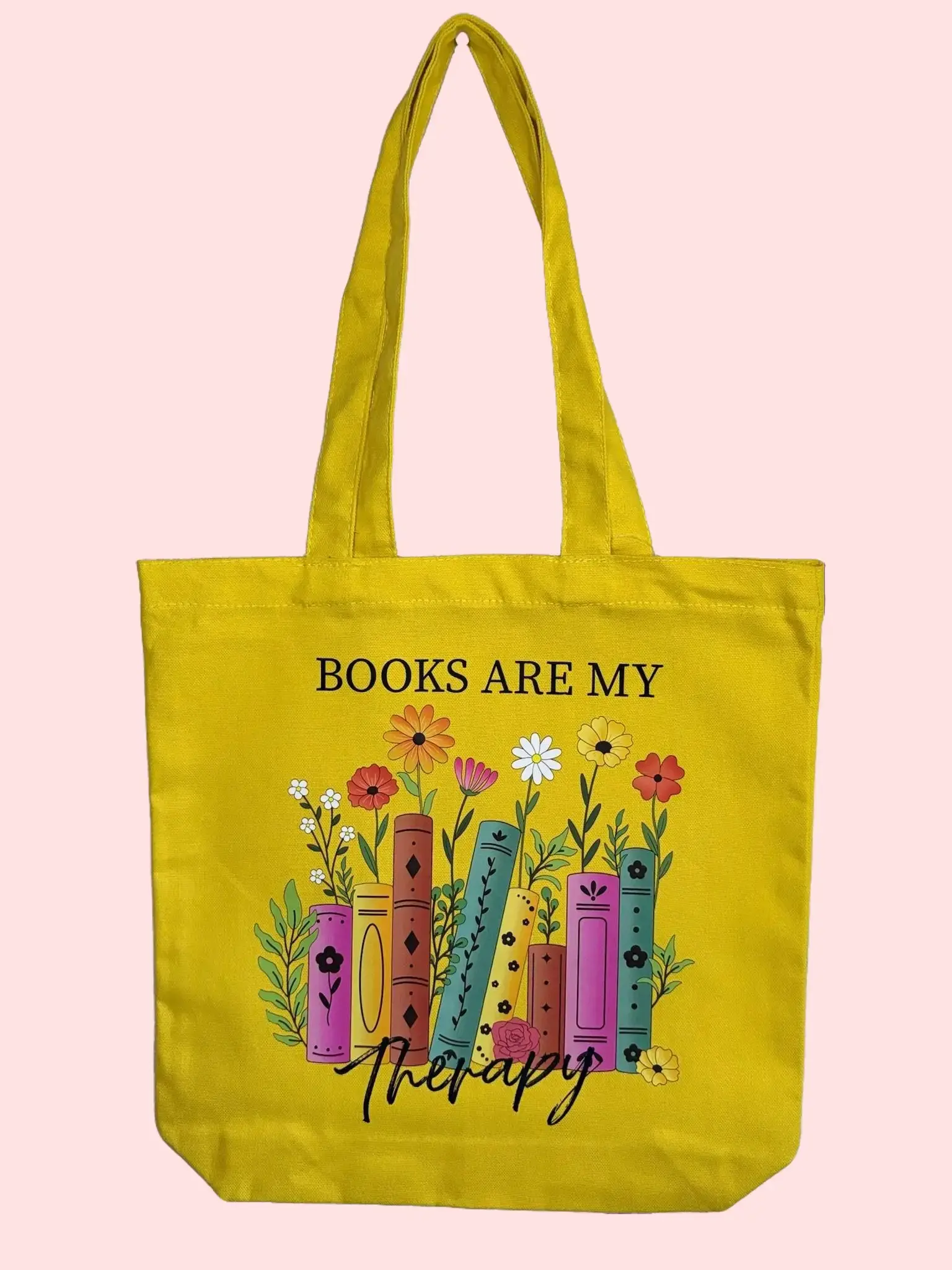 Women's 100% Cotton Rectangle Casual Tote Bag, Book-Themed Custom Print "Books Are My Therapy" Yellow Luggage Bag, Lightweight