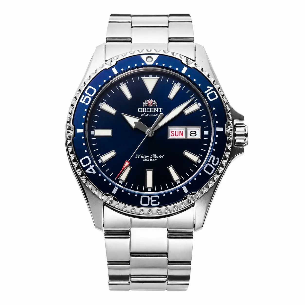 Orient Men Automatic Diving Watch Original Self-Winding Mechanical Wristwatch Unidirectional Bezel Luminous Markers Day Date Window Wine Red Sunburst Dial Stainless Steel Band Luxury Sport Casual Dress Watch Perfect Gift For Gentlemen Daily Wear, Sporting