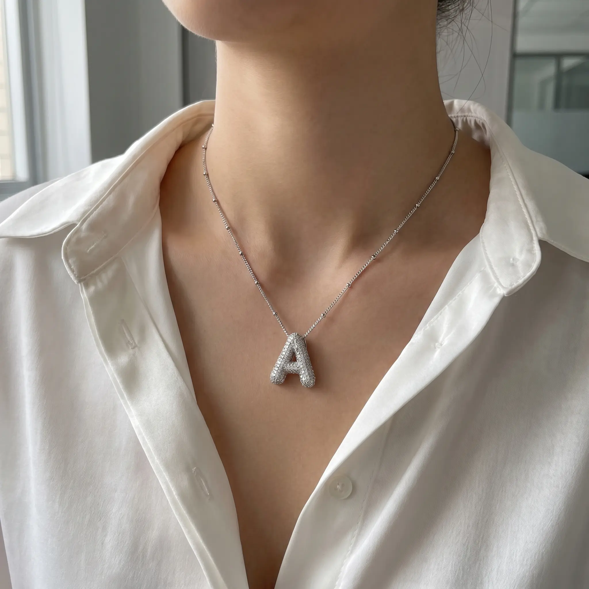 Silver Bubble Initial Necklace A–Z for Women – Brown CZ Letter Pendant, Personalized Alphabet Necklace, Adjustable Jewelry Gift