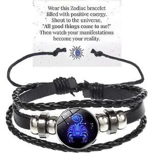 Zodiac Signs Spirit Bracelet Multilayer Adjustable 12 Constellation Black Leather Bracelet Handmade Woven Zodiac Sign Wrap Bracelet Birthday Jewelry Gifts for Women Men