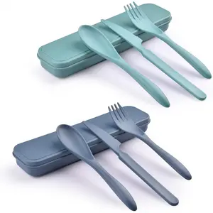 zhengwanhh09j 2 Sets Reusable Wheat Straw Utensils with Case, Portable Fork Knife Spoon Set for Travel, School, Work & Daily Use (Green, Blue)