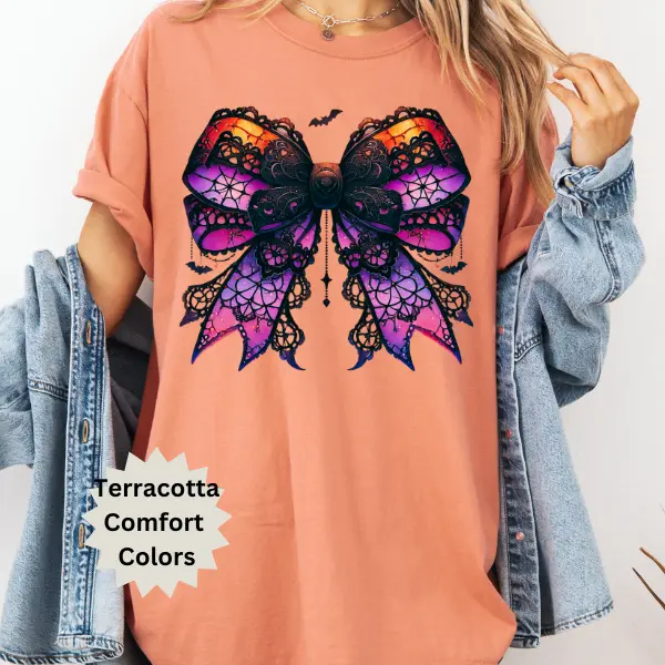 Lace Spooky Bow Comfort Color T-Shirt, Women Trendy tshirt,Women Oversized tshirt,Halloween Coquette lace bow graphic shirt Cotton Fabric