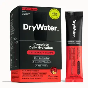 DryWater Complete Daily Hydration (12 Pack) - Raspberry Lemon. 6 Electrolytes + 5 Vitamins + 1 Amino Acid. No Added Sugar, No Stevia, Real Fruit, Vegan, Gluten Free - (12 Stick Packs)