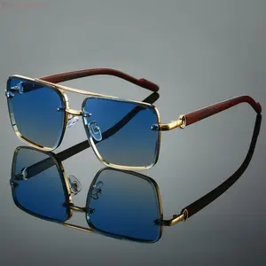 2026 New Rimless Aviator Sunglasses with Wood-Grain Temples, UV400 Protection, Stylish Business & Driving Eyewear for Men, Ideal for Daily Use, Fishing, Outdoor Activities and Casual Styling