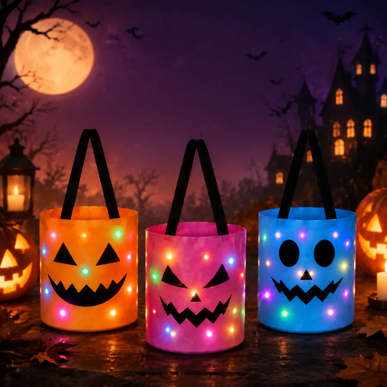 Halloween LED Glow Pumpkin Trick or Treat Bag, Reusable Light Up Candy Bucket, Spooky Portable Halloween Party Treat Basket for Kids
