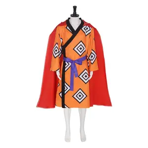 Jinbe Orange Kimono Cosplay Costume Set Men Red Cape Belt for Comic Con Convention