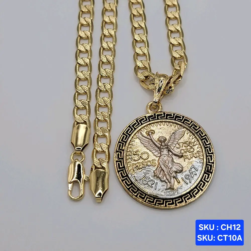 Centenario Pendant 14k color & 3 color Select Pendant Color, chain Cuban link diamond-cut 24 inches 6 millimeters Laminated Gold jewerly. Jewelry Necklace SKU CH12 SKU  CT10, CT10A