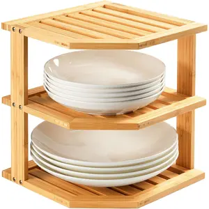 Bamboo Corner Plate Organizer for Cabinet, Dish & Bread Organizer Spice Rack, Space Saving Storage Organization for Kitchen Bathroom Countertop