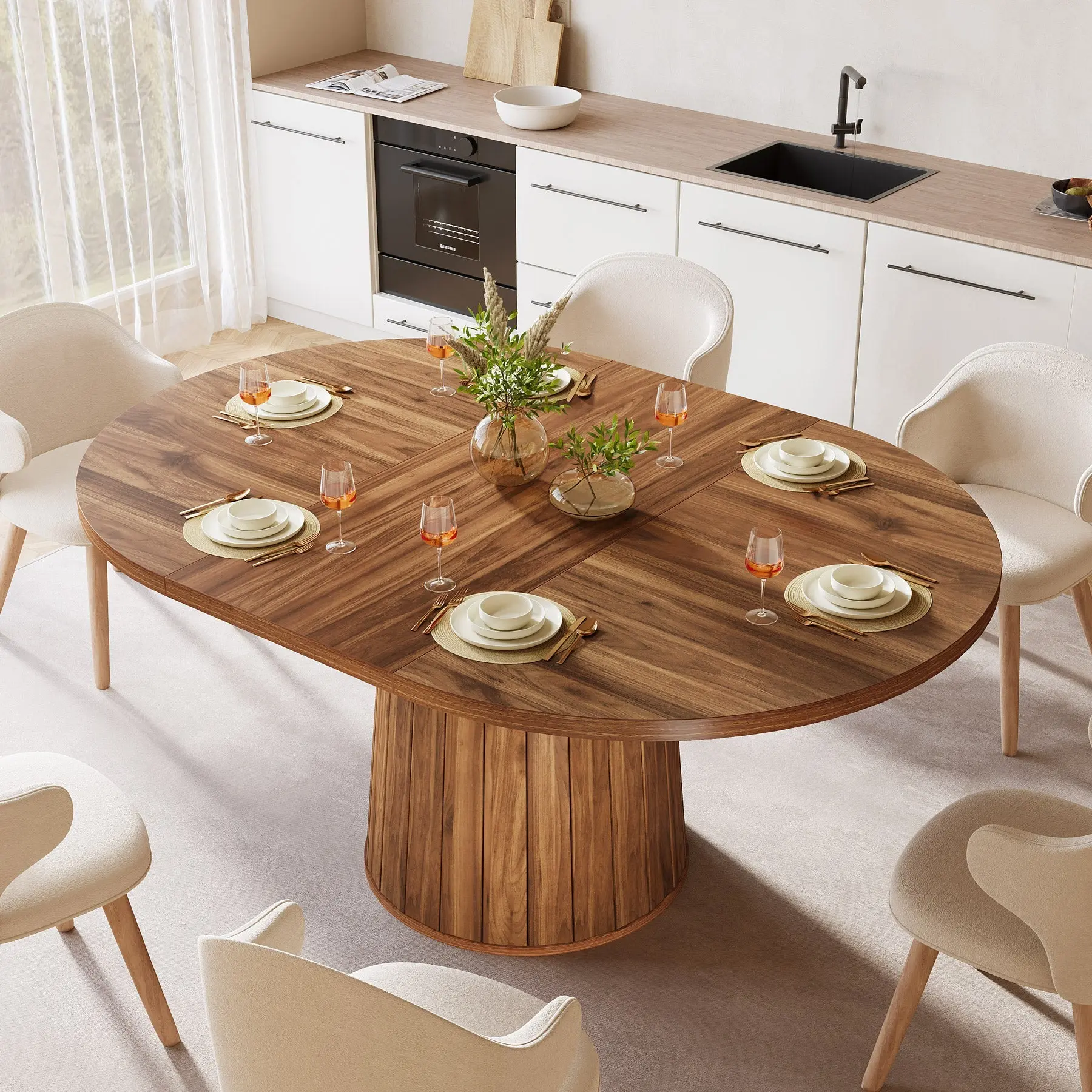 Spaco Farmhouse Oval Dining Table for 6,55-Inch Kitchen Table with Cylindrical Pedestal Base, Rustic Brown Wood Table for Dining Rooms
