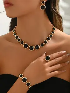 Women's Geometric Round Necklace Bracelet Earrings Ring Elegant Zinc Alloy Material Geometric Shape Complete Jewelry Set, Fashionable Vintage Simple Design for Party Vacation, All Seasons Wear Complete Accessories Set