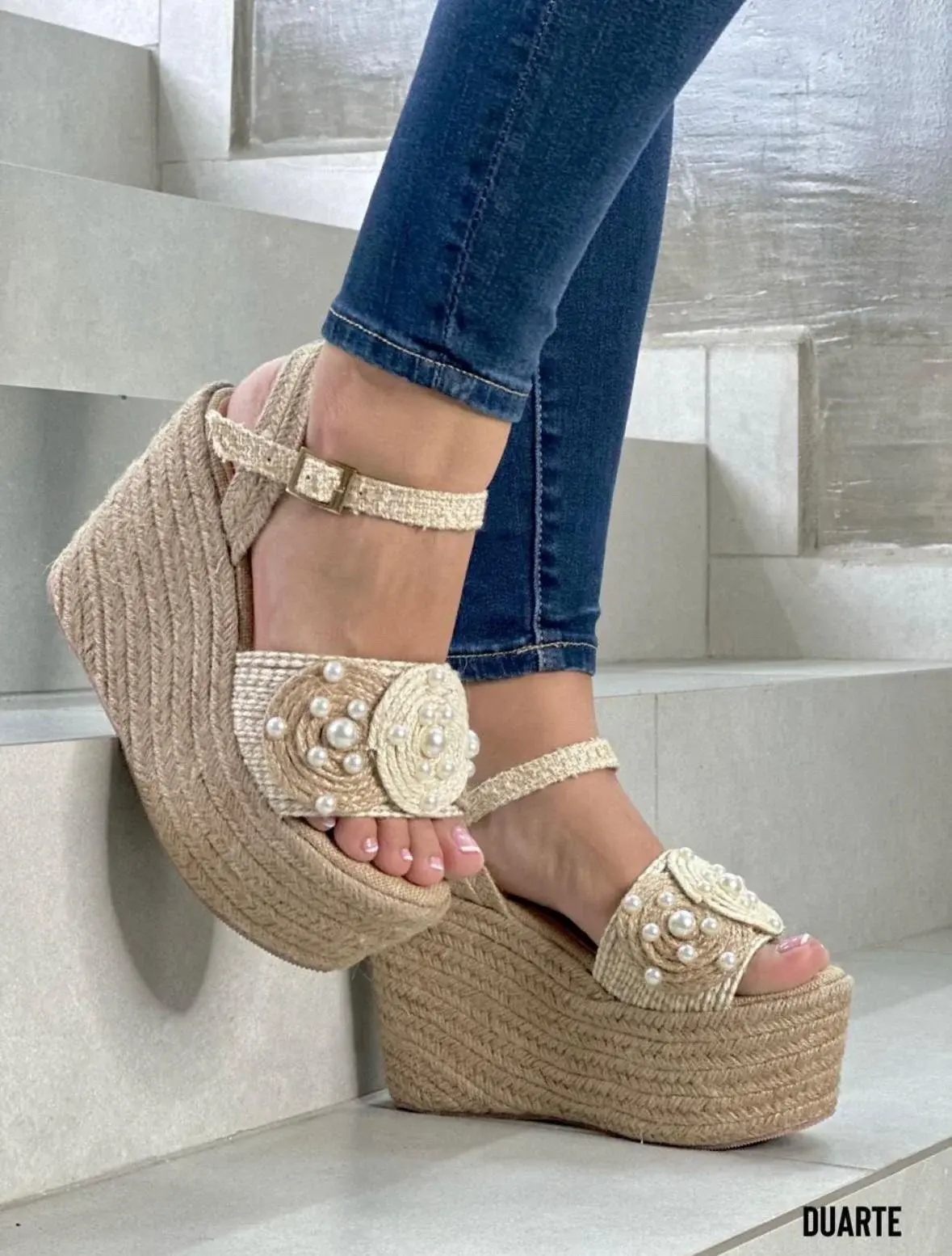 Women's Duarte Jute Wedge Sandals, Pearl Embellished Espadrille Platform Heels with Ankle Strap, Lightweight 13cm High Heel, Wedge Heels For Women