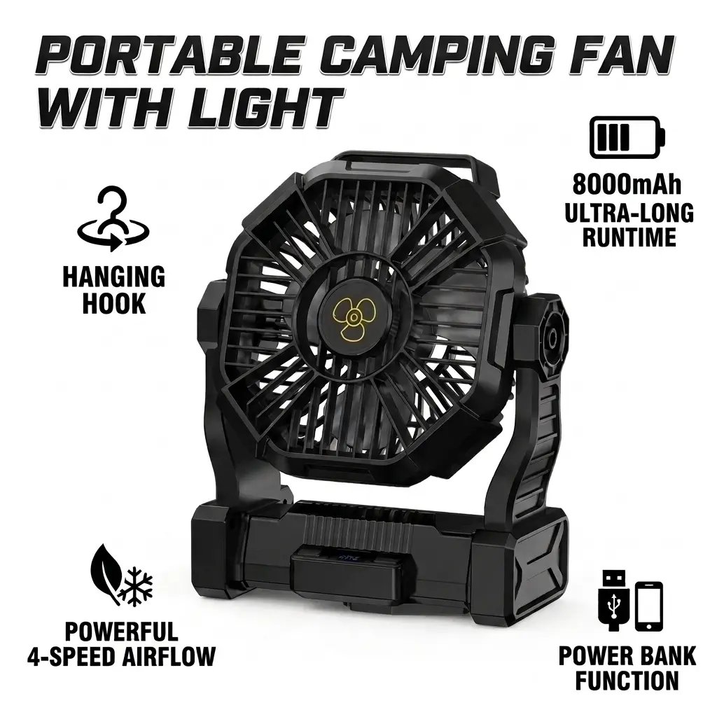 Portable Camping Fan with LED Light Hanging Tent Fan Long Lasting Battery Emergency Power Outdoor Fishing Picnic Cooling Fan