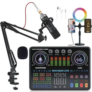 The DJ20 sound card microphone audio mixing console amplifier, upgraded in 2025, is used for singing, recording, sales, gaming, and live streaming. Podcast Studio Equipment