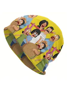 BIIHUDU Funky Beanie Hat - Cartoon Character Design with "Bobs Burgers" Text, Yellow & Green Knit Cap for Men, Casual & Stylish Headwear, Casual Headwear | Playful Design | Knit Construction, Beanie Hat