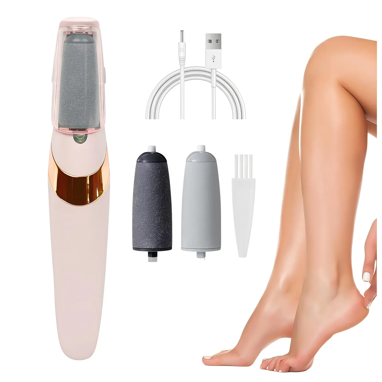Portable Rechargeable Electric Callus Remover, Electronic File with 2 Adjustable Speeds, Washable Grinding Head, Replacement Head, LED Light and Rasp for Dead Skin Removal