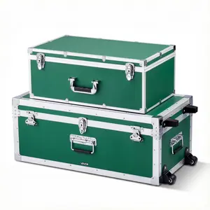 VEVOR Metal Storage Trunk, Set of 2, Wooden Suitcase Storage Boxes with Padlocks, Large Trunk Includes Casters and 3 Metal Handles, Decorative Store Chest with Lids for Travel, Apartment, Dorm, Green