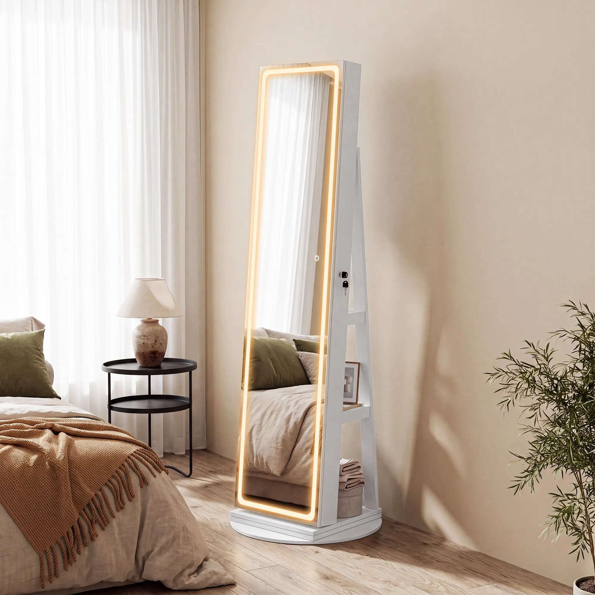 LHBCRAFT 360° Swivel Jewelry Armoire with 3 Color LED Lights, Full Length Mirror, Lockable Jewelry Organizer with Rear Storage Shelves,Valentine's Day gift