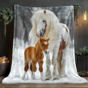 1pc White Horse and Foal in Snow Pattern HD Print Blanket - Lightweight Flannel Throw for Sofa, Bed, Travel, Livingroom, Office, Couch and Bed - Digital Printing Flannel Blanket with Soft and Warm Flannel Fabric, Adult-280GSM