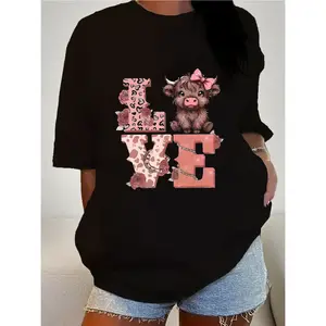 comfortable material plus size highland cow cotton T-shirt for seasonal casual fashion