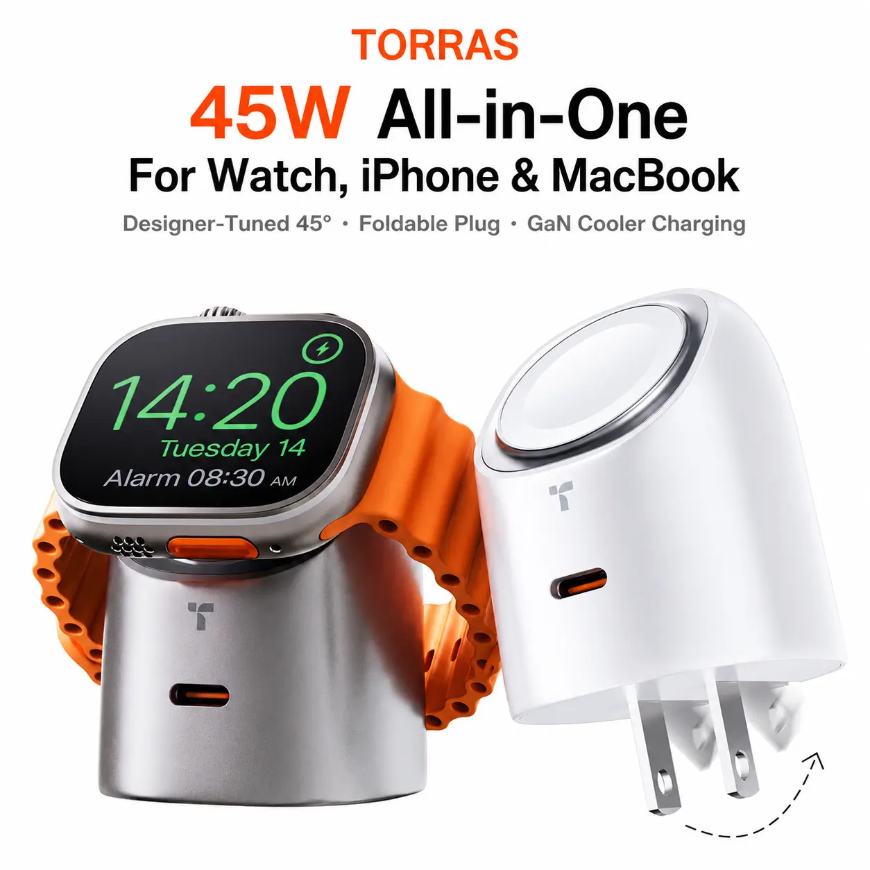 TORRAS Flasheye 45W 2-in-1 Magnetic Snap-On Charger for Apple Watch Ultra, iPhone 17 16 15 14 13 Pro Max, Compact Electronic Accessories for Smartphone, Cellphone, Wearable,USB-C PD Fast Charging for iPad&MacBook, Foldable Plug, Wall Charger BackToSchool