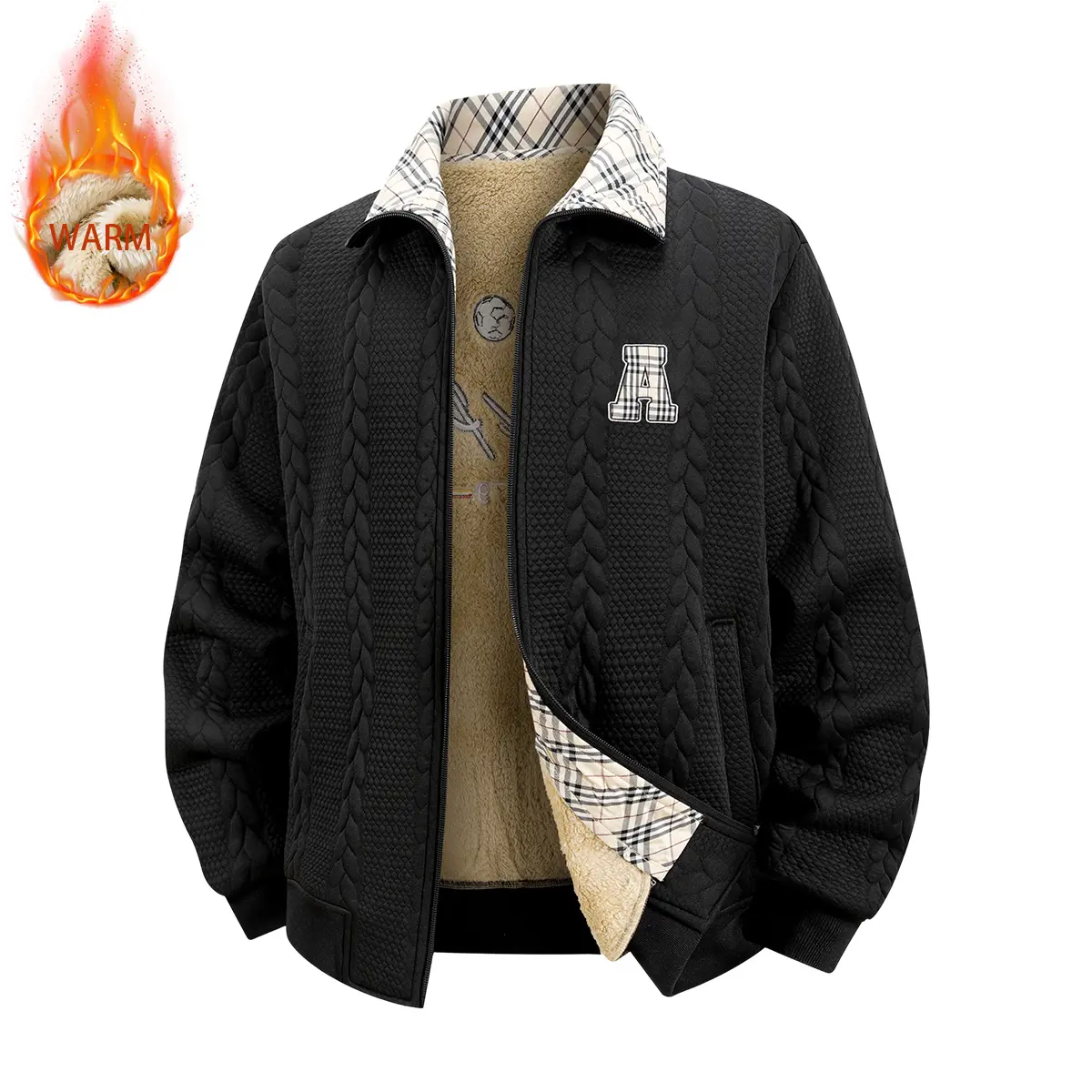 Men’s turn-down collar fleece-lined warm jacket – thick casual insulated jacket with a classic, multifunctional, stylish design, suitable for everyday outdoor wear
