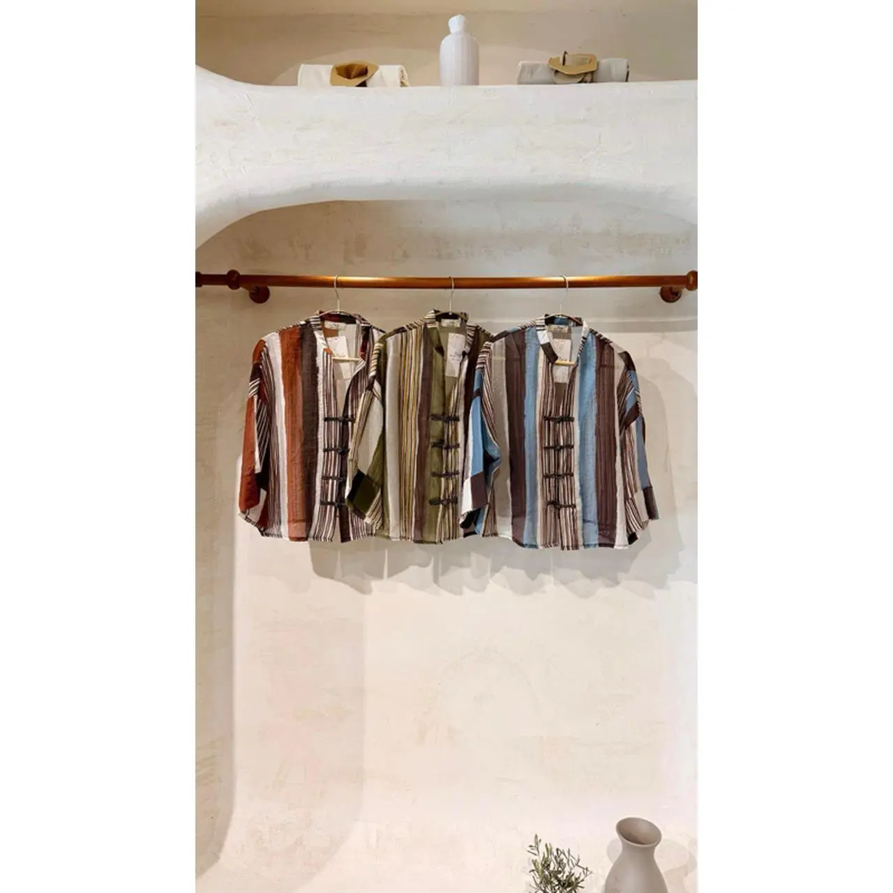 Ferris Striped Mandarin Collar Blouse - Lightweight Relaxed Fit with Traditional Chinese Frog Knot Closures & Vertical Striped Pattern Made in Italy