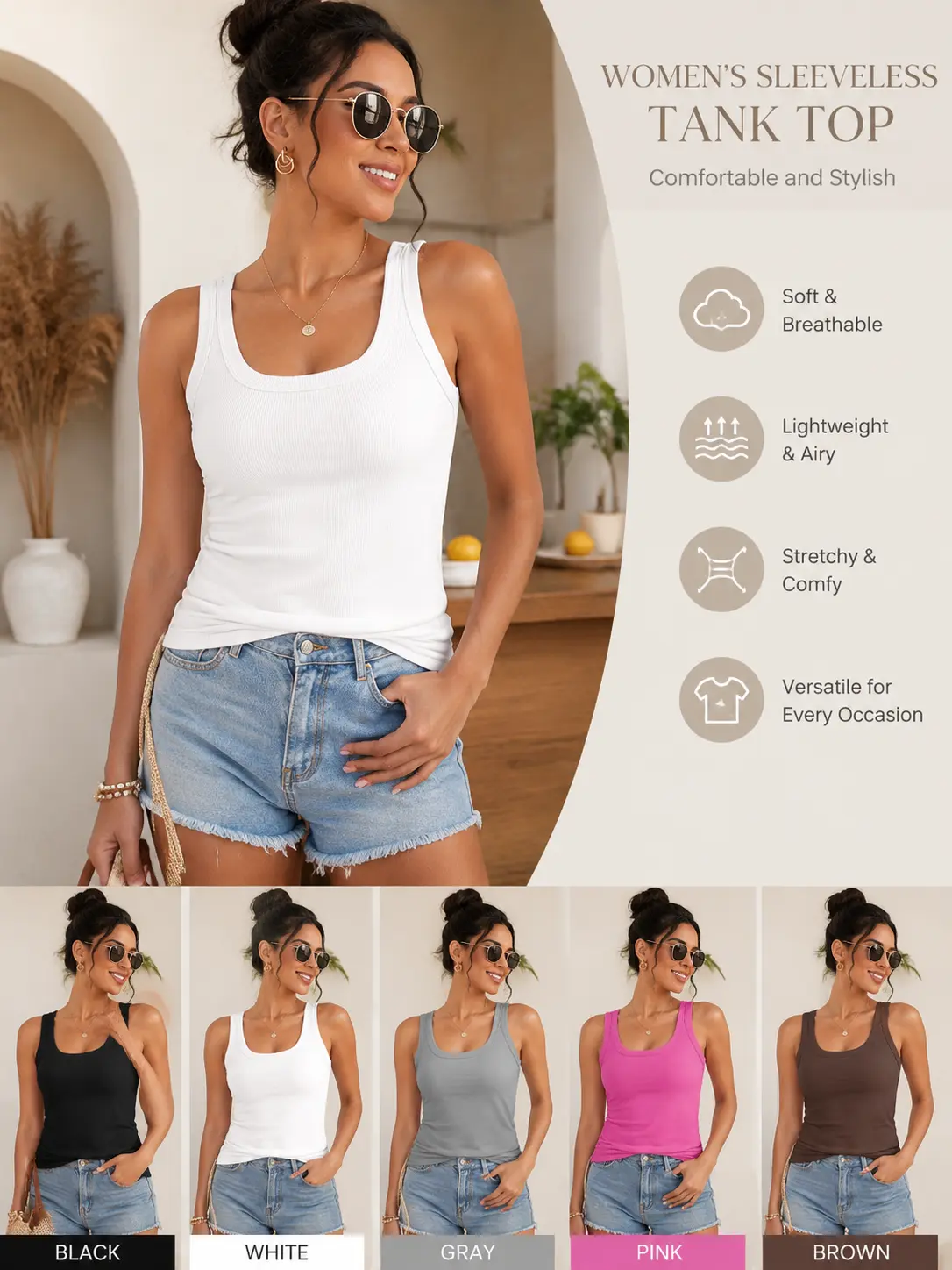 Women's Breathable Lightweight Sleeveless Sports Tank Top - Essential Soft Comfortable Linen Vest, Slim-Fit Summer Layering Camisole for Daily Wear, Beach Cover-Ups, Lady
