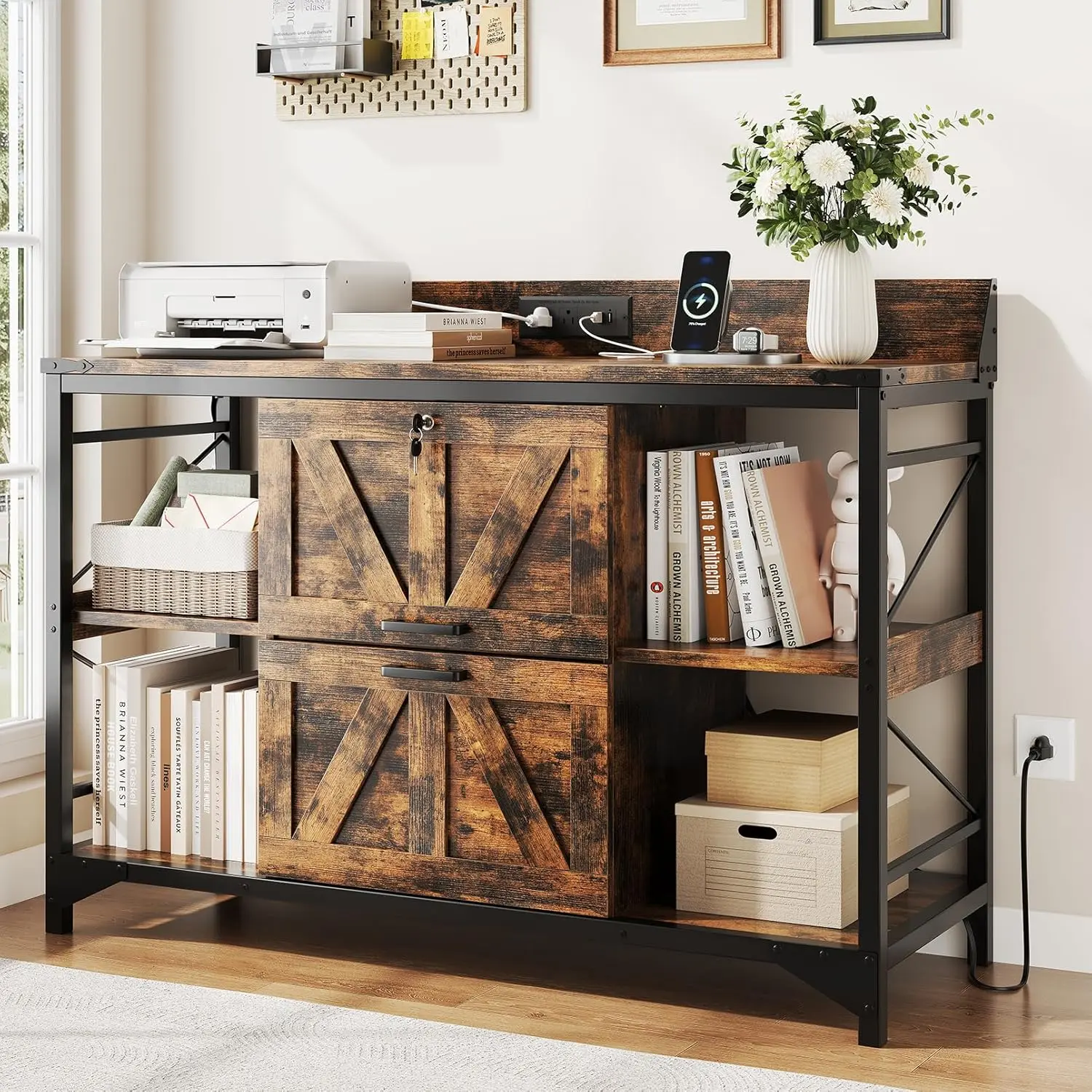 Rustic Brown 44" Lateral File Cabinet - Desk Cabinet, Office Furniture for Home Office with 2 Locked Drawers, 4 Storage Shelves, Power Outlets & Wooden Printer Stand Bookshelf