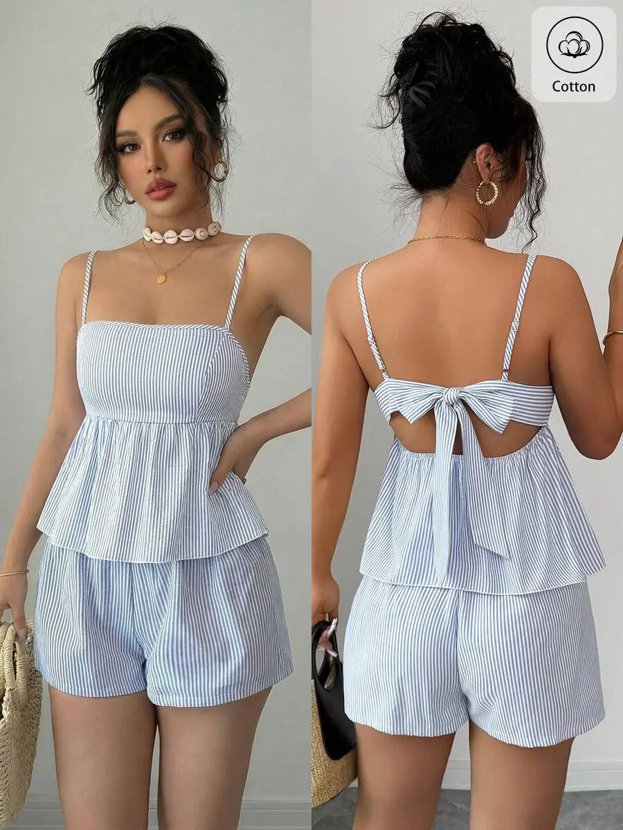 Women's Blue And White Stripe Linen Camisole, Cute Backless Tie Summer Top & Low Waist Drawstring Loose Casual Short Beach Vacation Holiday Outfit
